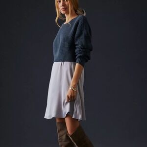 Anthropologie Blue Knit Top with Light Gray Mini Skirt
